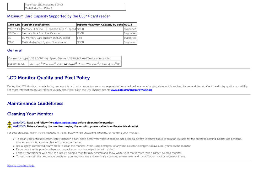 Dell manual Cleaning Your Monitor, Maximum Card Capacity Supported by the U3014 card reader 