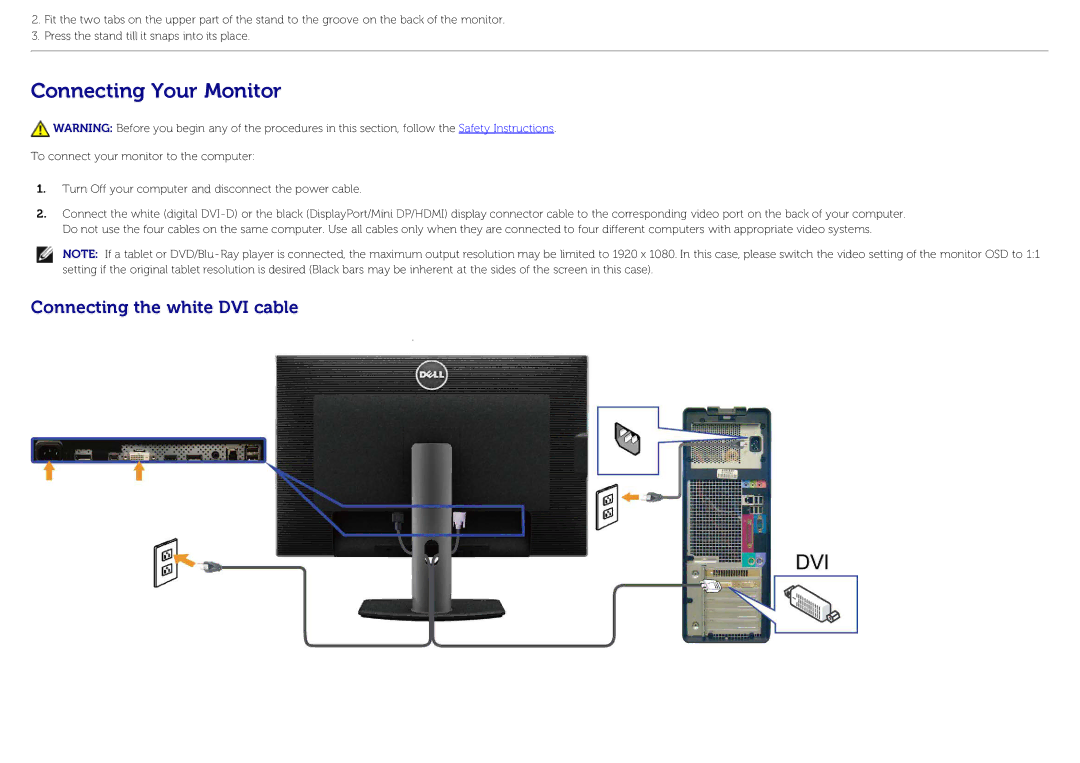 Dell U3014 manual Connecting Your Monitor, Connecting the white DVI cable 