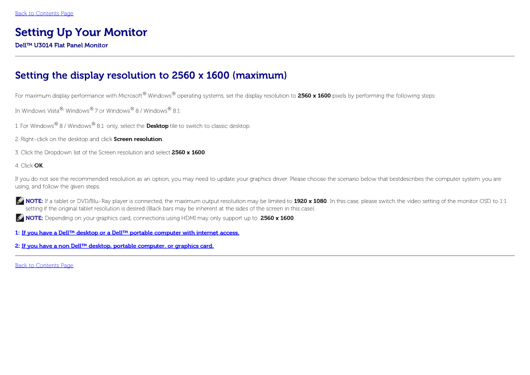 Dell U3014 manual Setting Up Your Monitor, Setting the display resolution to 2560 x 1600 maximum 