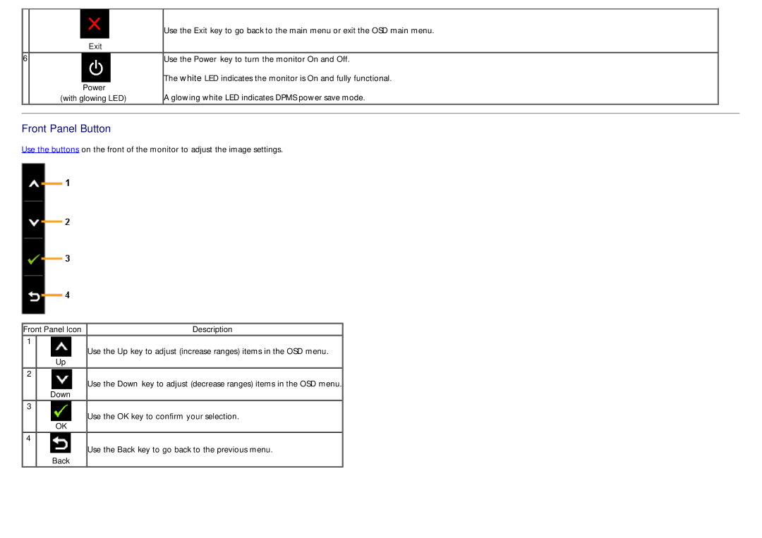 Dell U3014 manual Exit Power with glowing LED, Front Panel Icon Description, Down, Back 