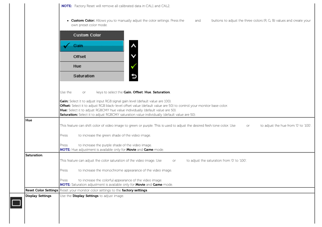 Dell U3014 manual Hue, Saturation, Reset Color Settings, Display Settings 