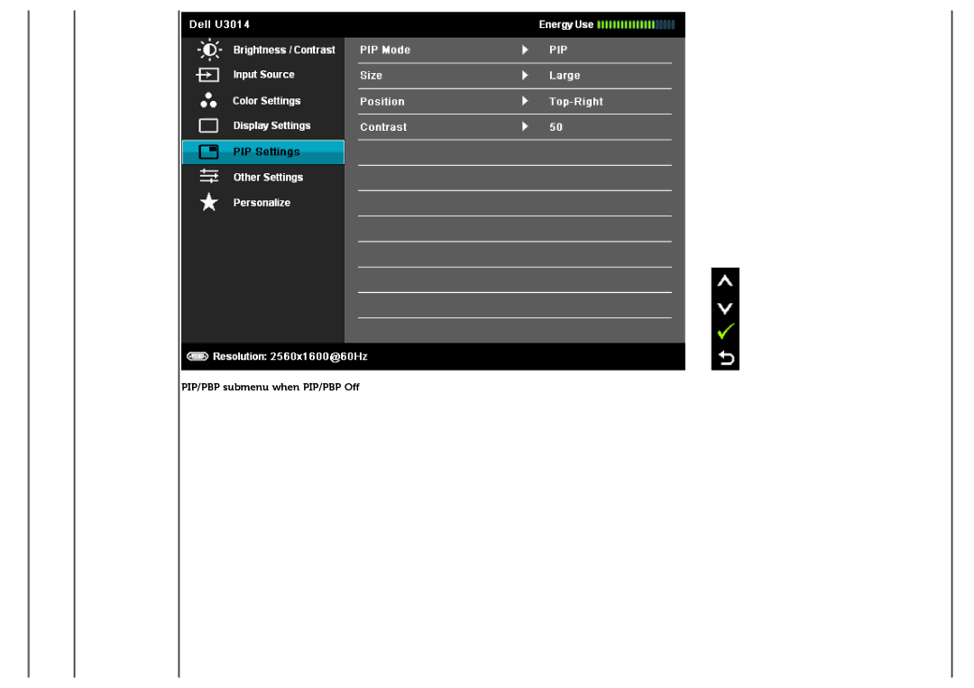 Dell U3014 manual PIP/PBP submenu when PIP/PBP Off 