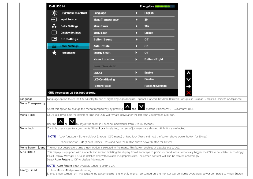 Dell U3014 manual Language, Menu Transparency, Menu Timer, Menu Lock, Auto Rotate, Energy Smart 