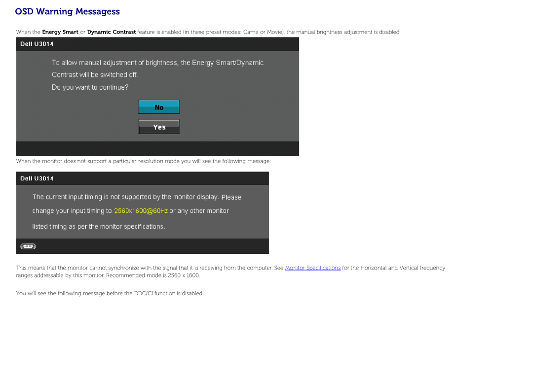 Dell U3014 manual OSD Warning Messagess 