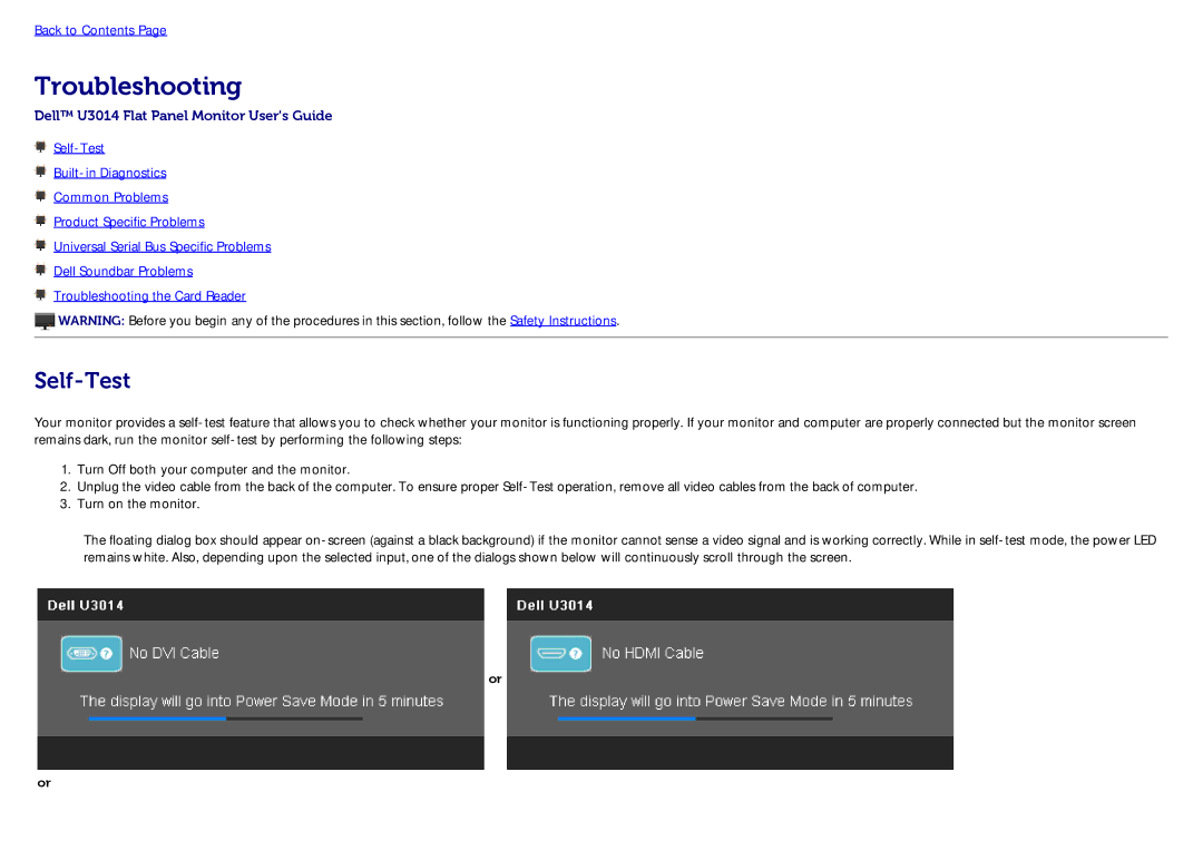 Dell U3014 manual Troubleshooting, Self-Test 