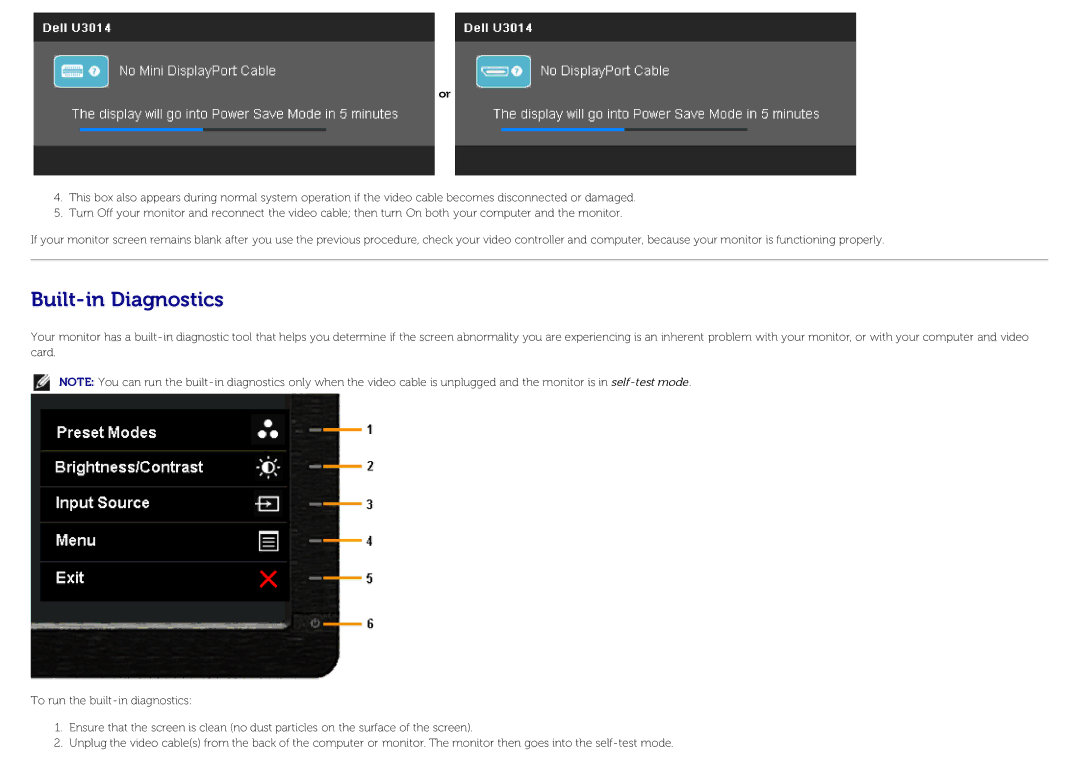 Dell U3014 manual Built-in Diagnostics 