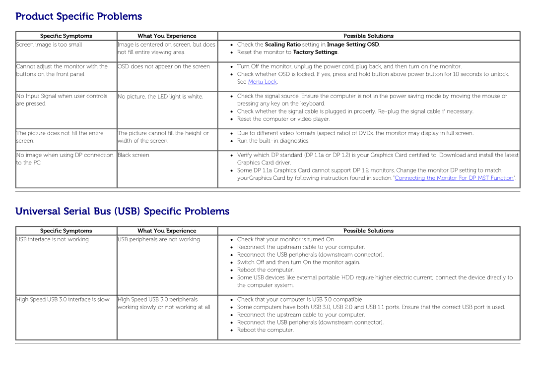 Dell U3014 manual Product Specific Problems, Universal Serial Bus USB Specific Problems, Specific Symptoms 