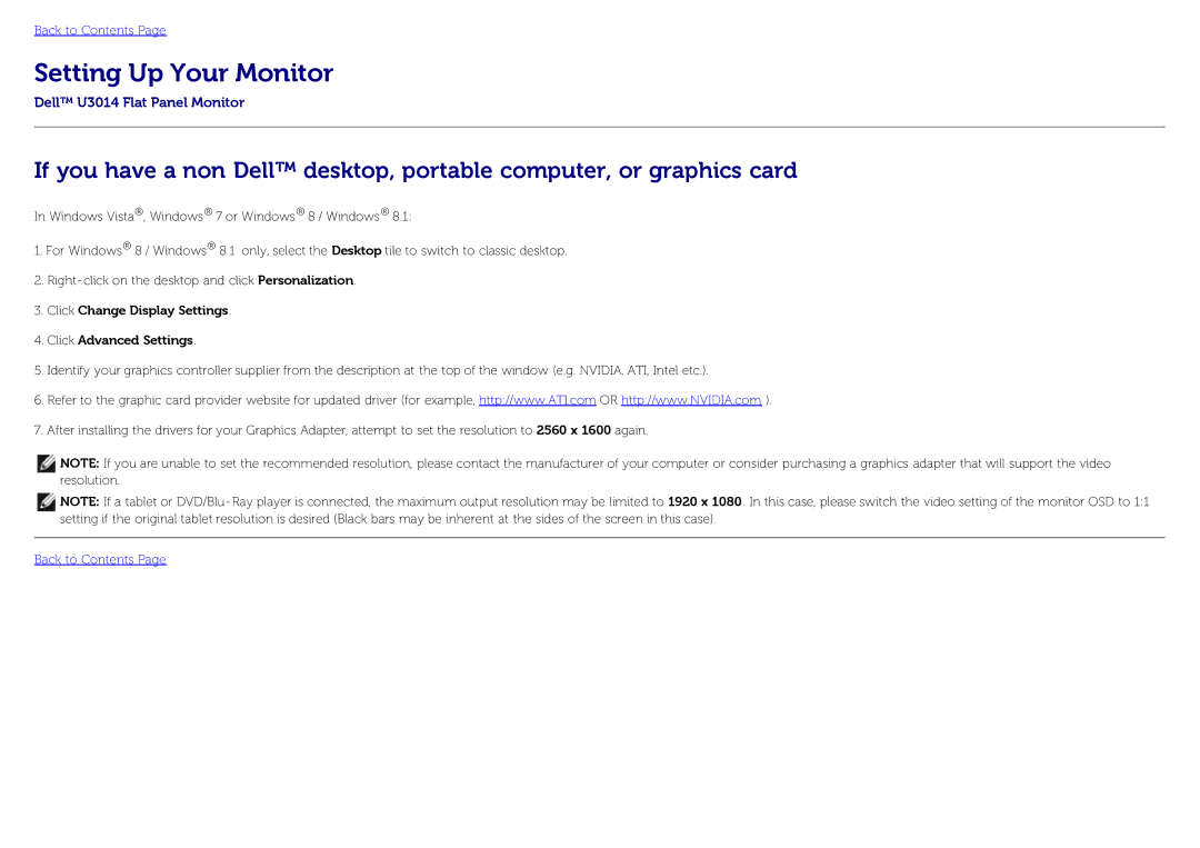 Dell U3014 manual Click Change Display Settings Click Advanced Settings 