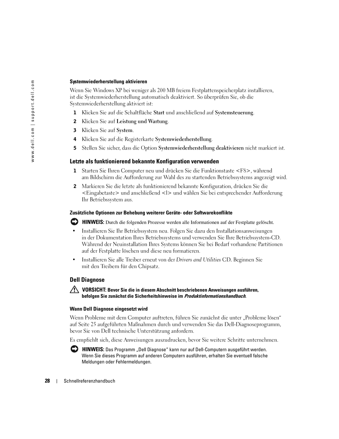 Dell U3525 Letzte als funktionierend bekannte Konfiguration verwenden, Dell Diagnose, Systemwiederherstellung aktivieren 