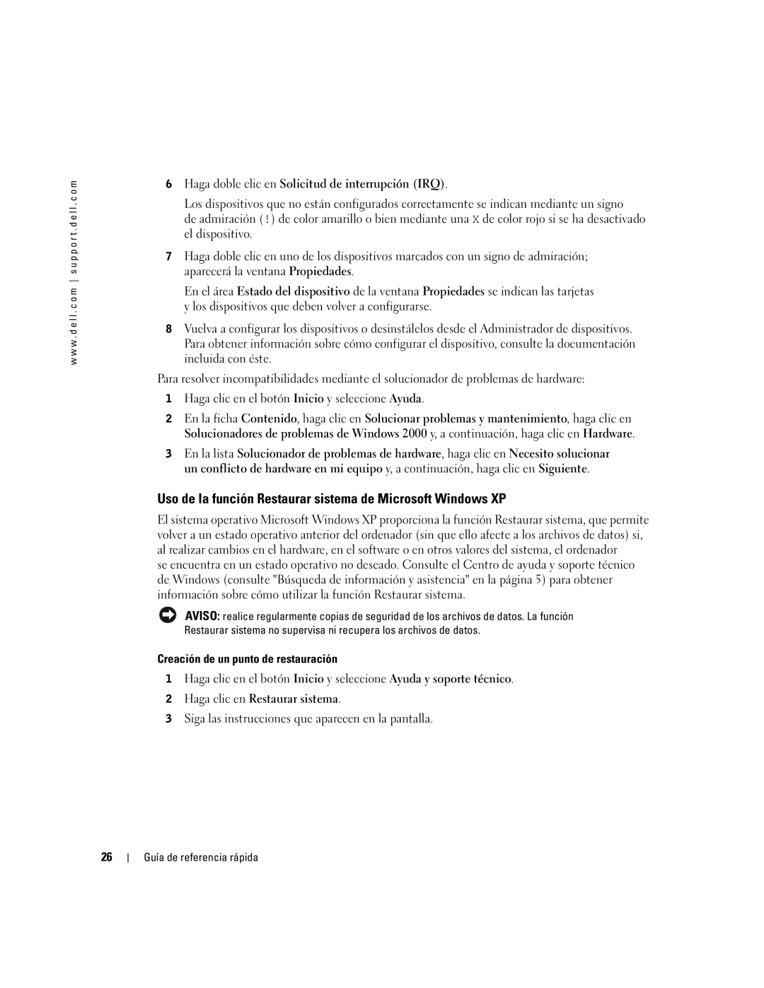 Dell U3525 manual Uso de la función Restaurar sistema de Microsoft Windows XP, Creación de un punto de restauración 