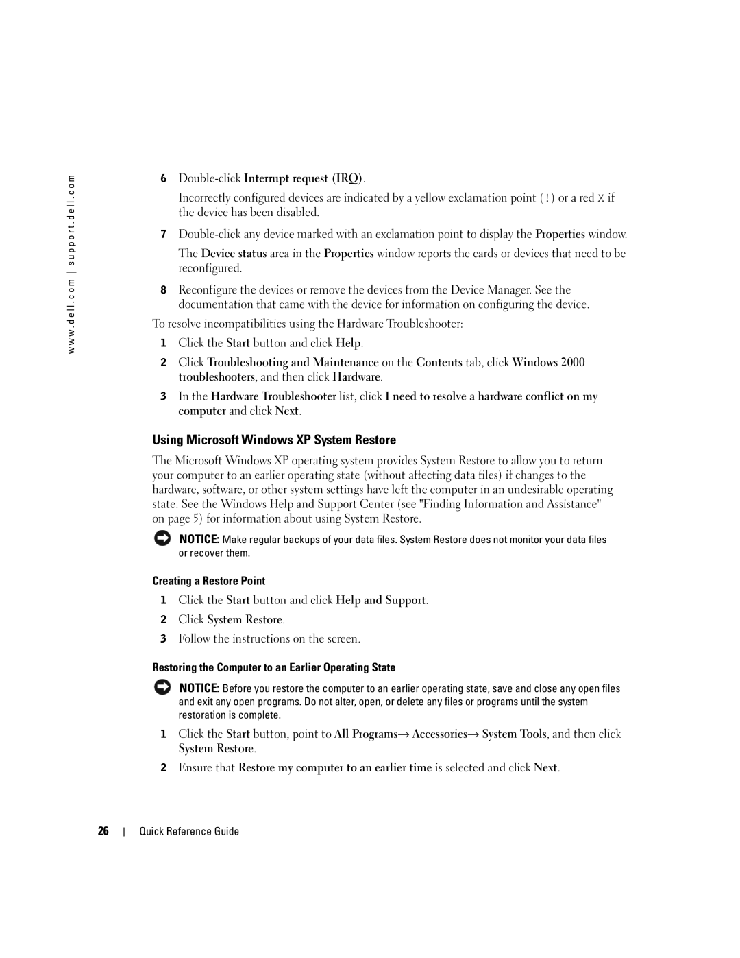 Dell U3525 manual Using Microsoft Windows XP System Restore, Creating a Restore Point 