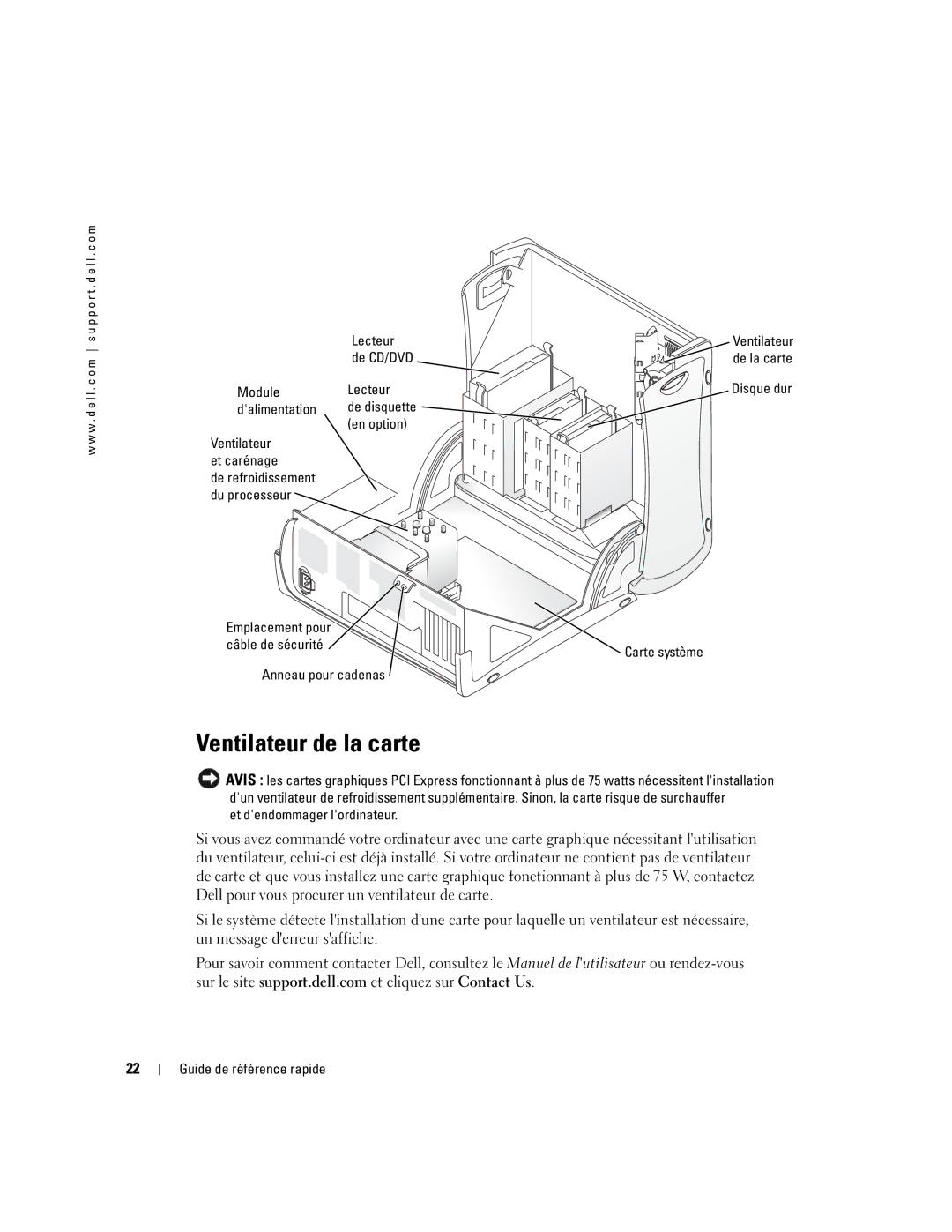 Dell U3525 manual Ventilateur de la carte, De CD/DVD, Module Lecteur, Et dendommager lordinateur 