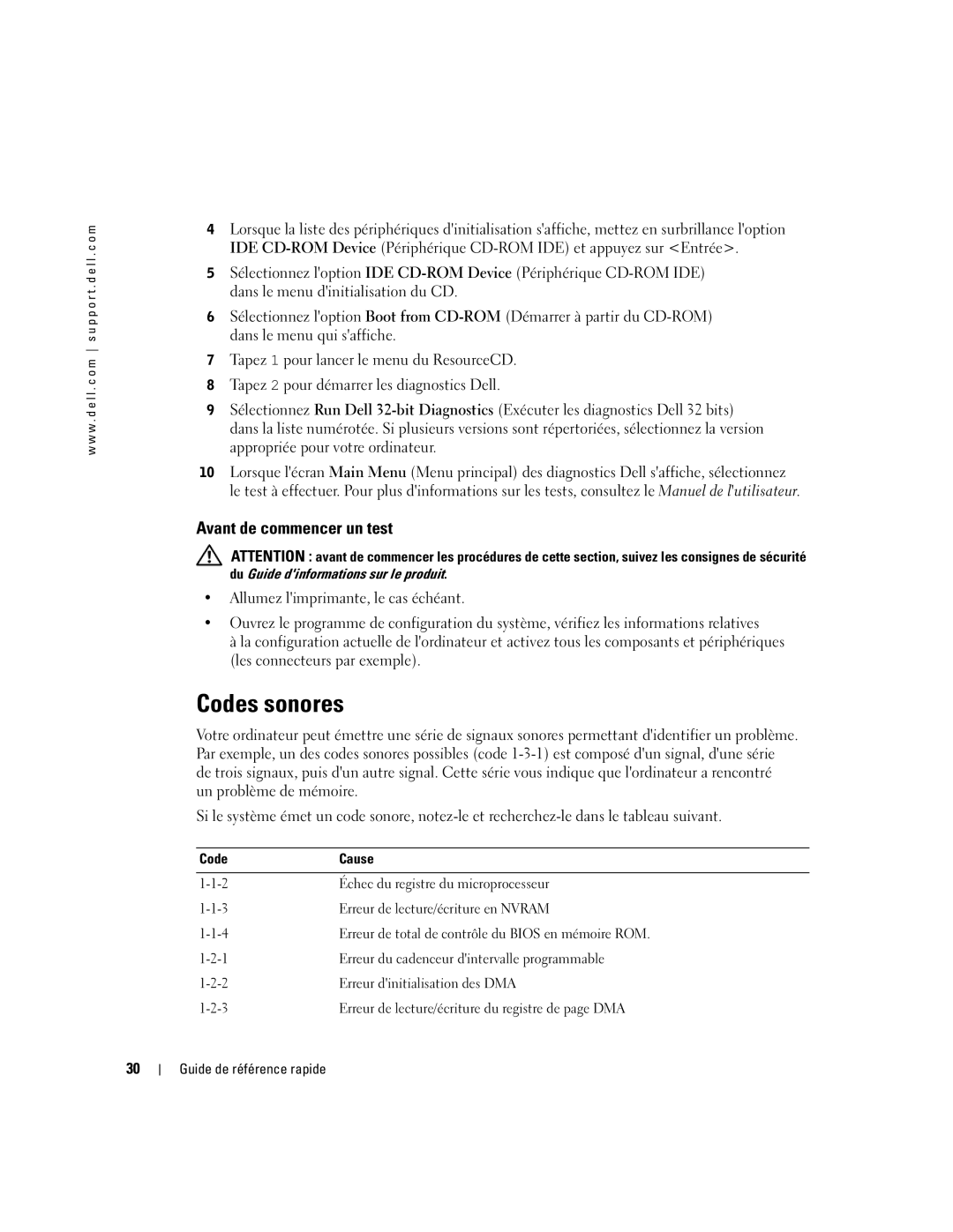 Dell U3525 manual Codes sonores, Avant de commencer un test, Du Guide dinformations sur le produit 