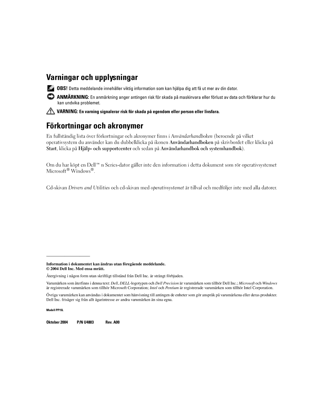 Dell U4803 manual Varningar och upplysningar, Förkortningar och akronymer 