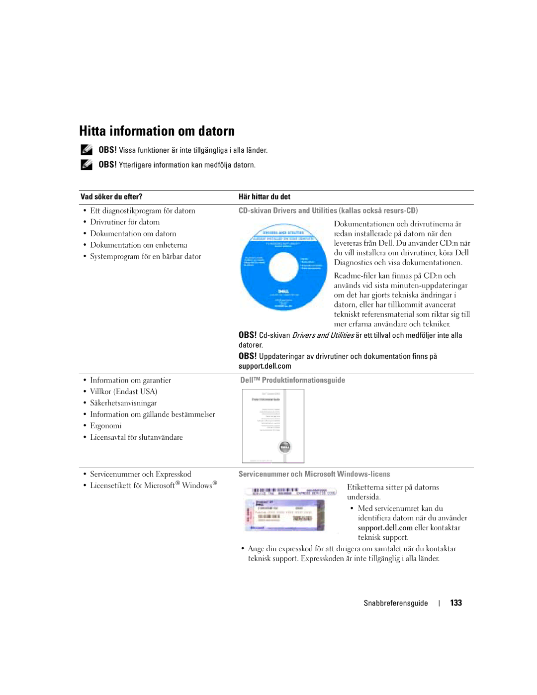 Dell U4803 manual Hitta information om datorn, 133, CD-skivan Drivers and Utilities kallas också resurs-CD 