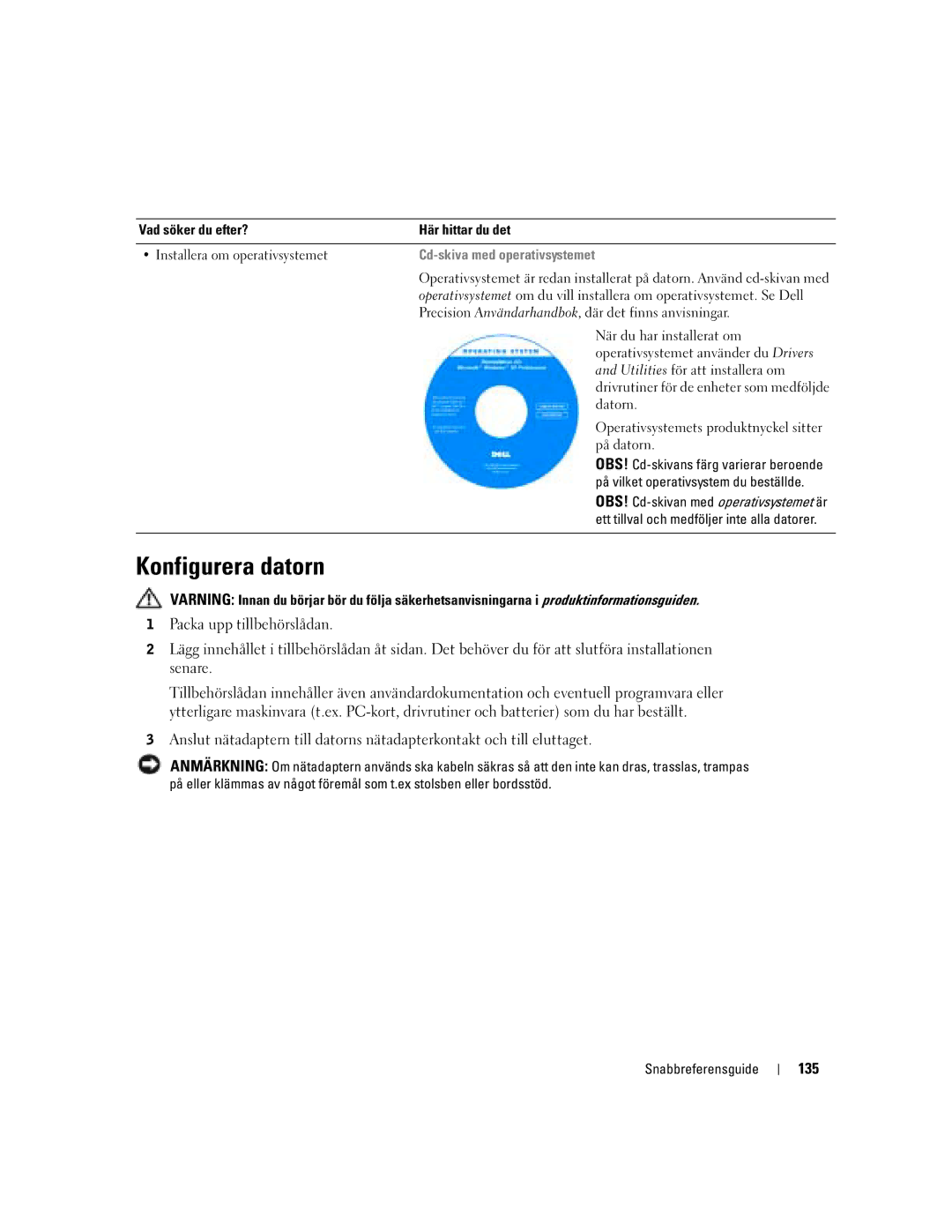 Dell U4803 manual Konfigurera datorn, 135, Cd-skiva med operativsystemet 