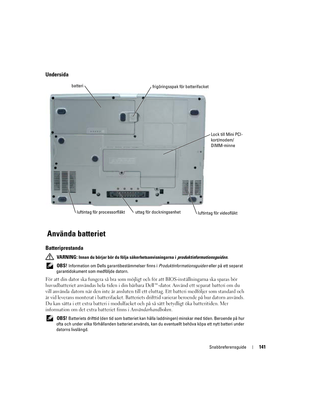 Dell U4803 Använda batteriet, Undersida, Batteriprestanda, 141, Luftintag för processorfläkt Uttag för dockningsenhet 