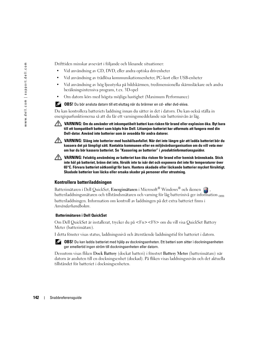 Dell U4803 manual Kontrollera batteriladdningen, Batterimätaren i Dell QuickSet, 142 