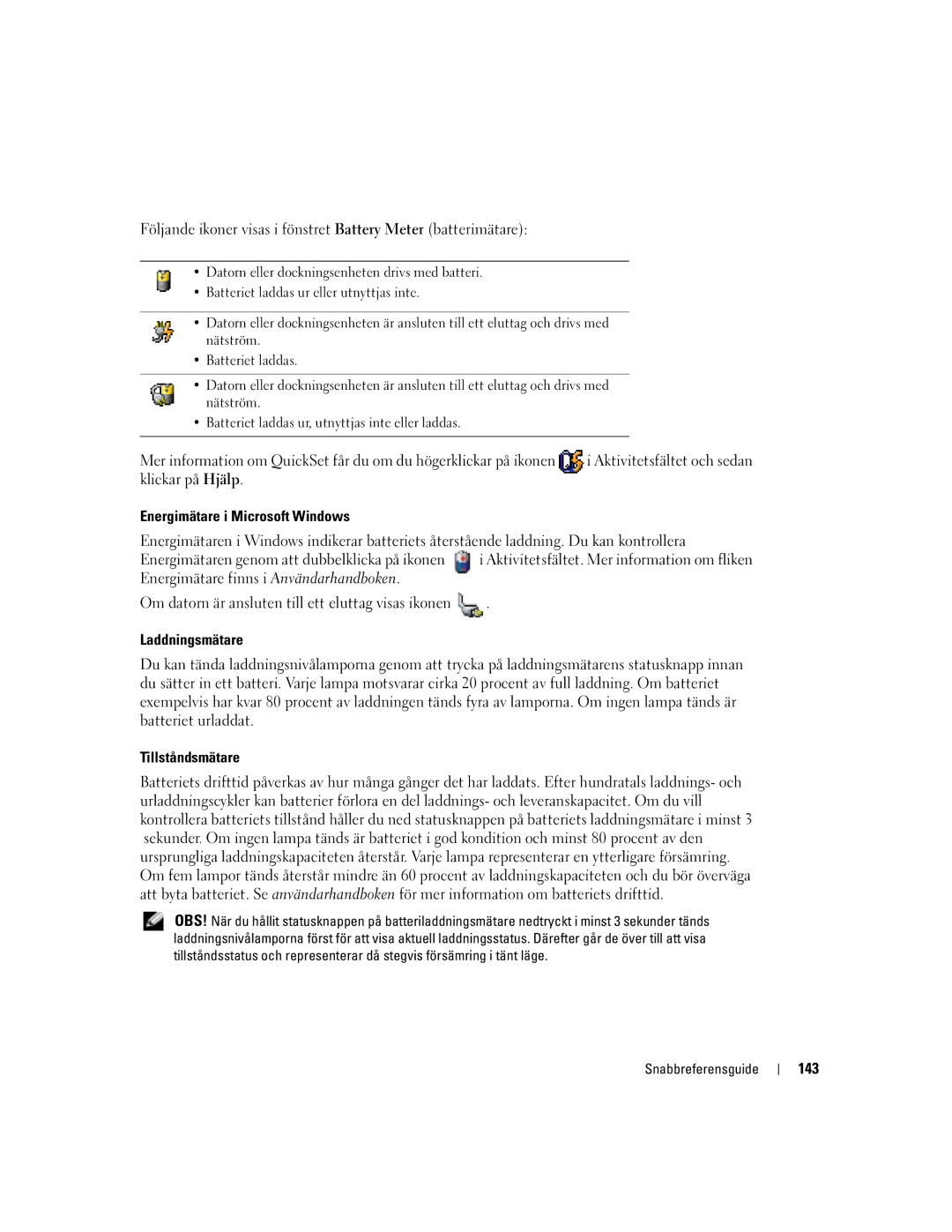 Dell U4803 manual Energimätare i Microsoft Windows, Laddningsmätare, Tillståndsmätare, 143 