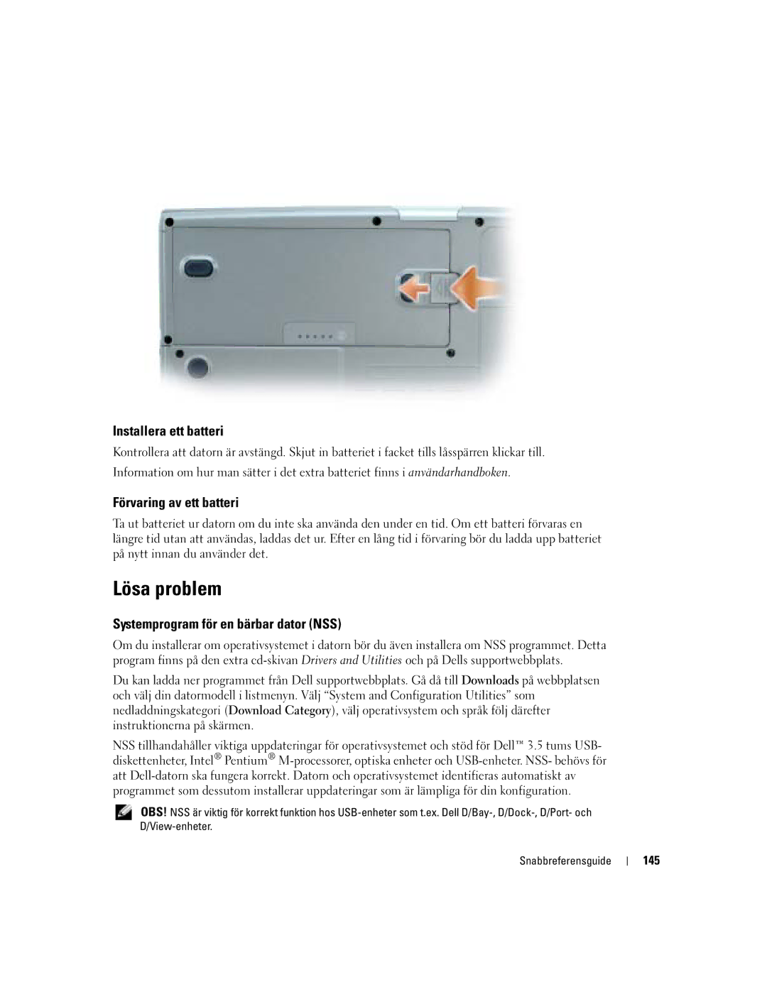 Dell U4803 Lösa problem, Installera ett batteri, Förvaring av ett batteri, Systemprogram för en bärbar dator NSS, 145 