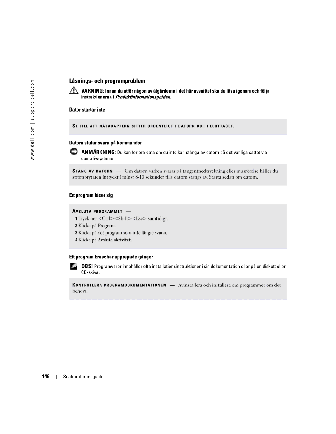 Dell U4803 manual Låsnings- och programproblem 