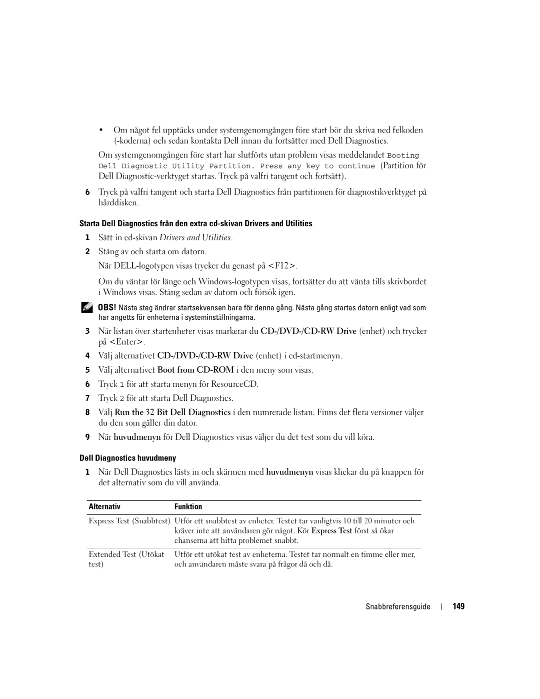 Dell U4803 manual Dell Diagnostics huvudmeny, 149 