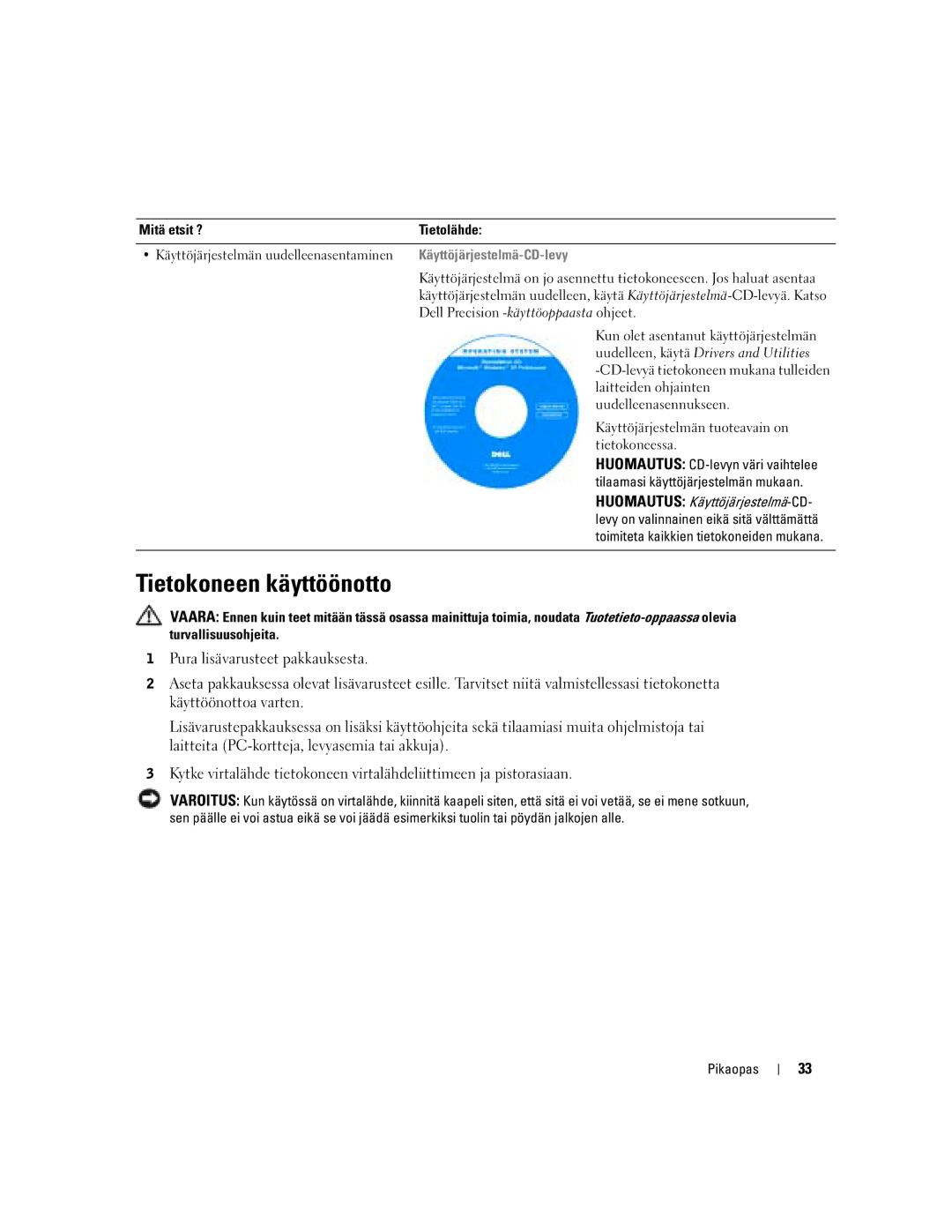 Dell U4803 manual Tietokoneen käyttöönotto, Mitä etsit ? Tietolähde, Käyttöjärjestelmä-CD-levy 