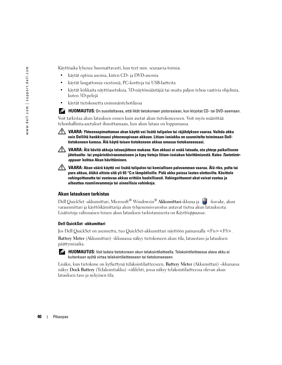 Dell U4803 manual Akun latauksen tarkistus, Dell QuickSet -akkumittari 