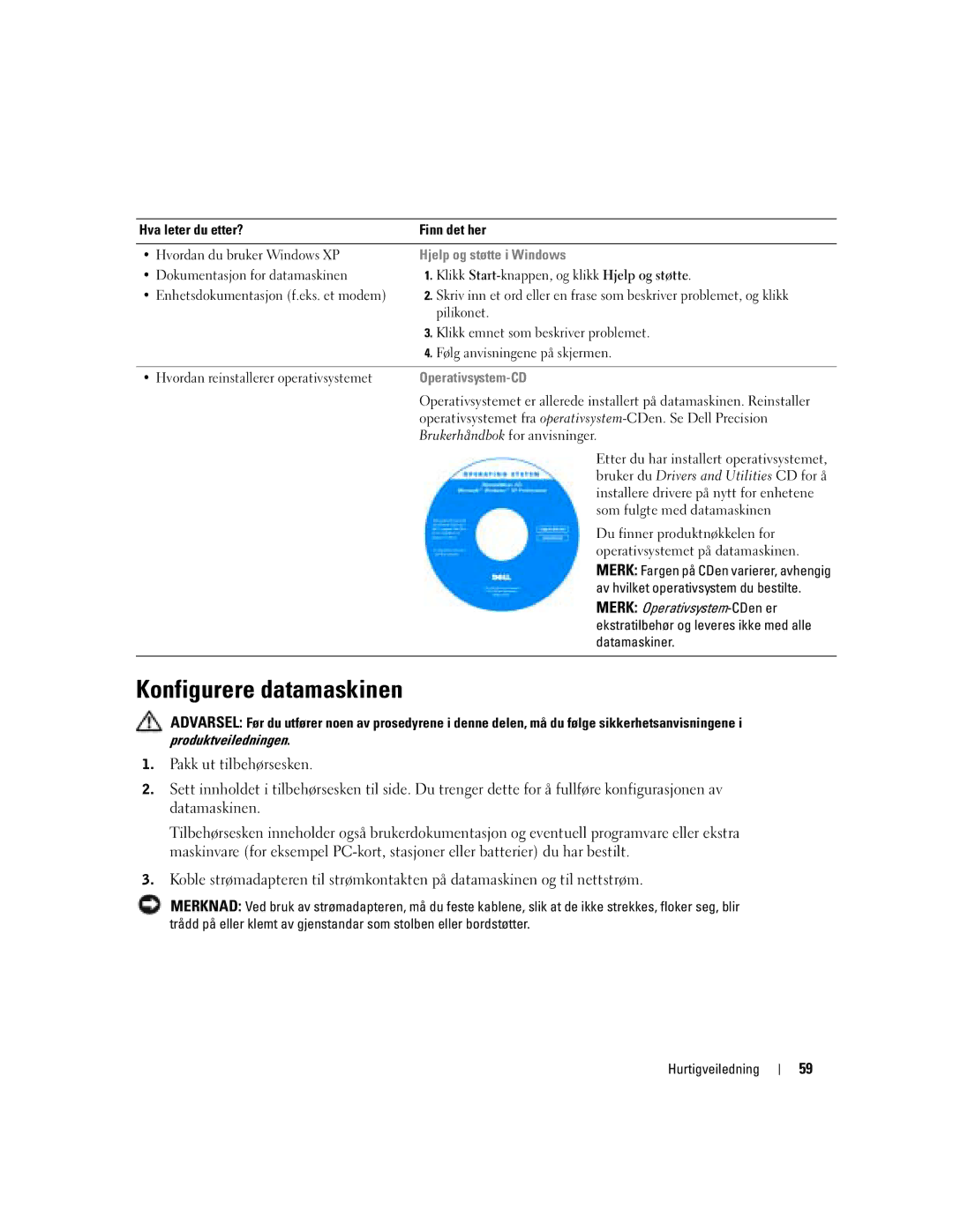 Dell U4803 manual Konfigurere datamaskinen, Hjelp og støtte i Windows, Operativsystem-CD 