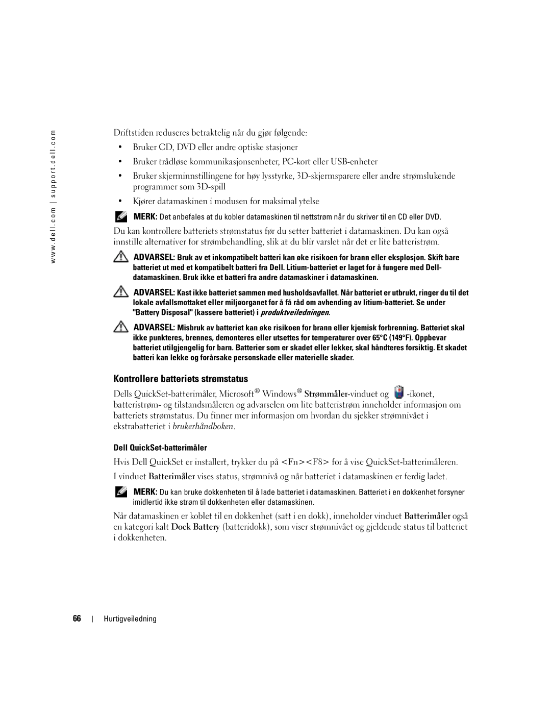 Dell U4803 manual Kontrollere batteriets strømstatus, Dell QuickSet-batterimåler 