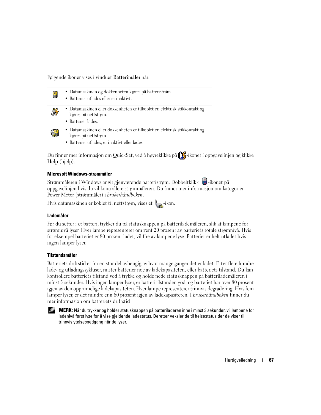 Dell U4803 manual Microsoft Windows-strømmåler, Lademåler, Tilstandsmåler 