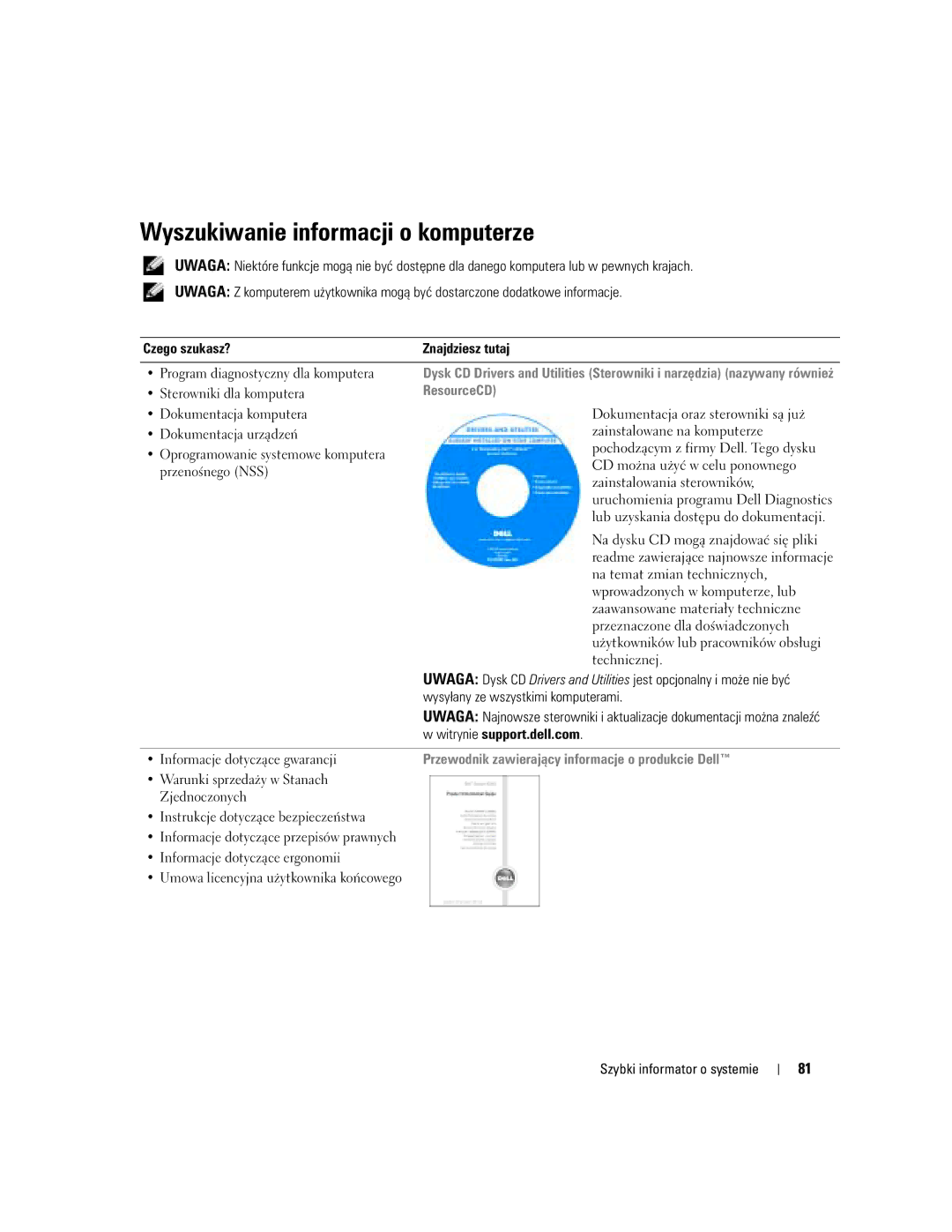 Dell U4803 manual Wysyłany ze wszystkimi komputerami, Szybki informator o systemie 