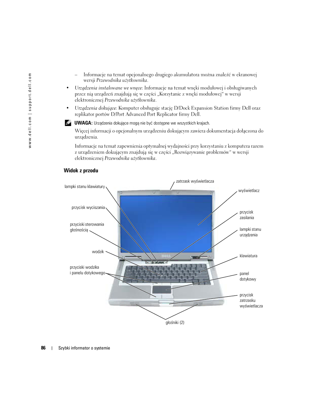 Dell U4803 manual Widok z przodu, Głośniki Szybki informator o systemie 