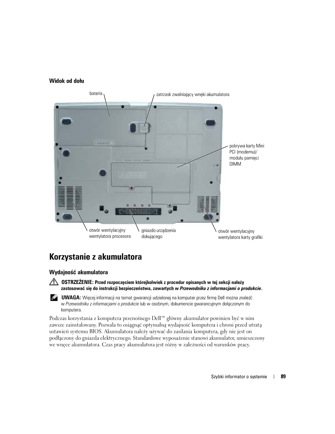 Dell U4803 manual Bateria, Zatrzask zwalniający wnęki akumulatora, Gniazdo urządzenia Otwór wentylacyjny Dokującego 