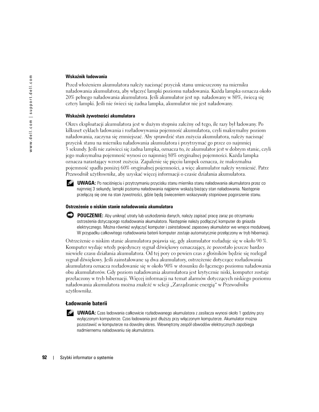 Dell U4803 manual Ładowanie baterii 