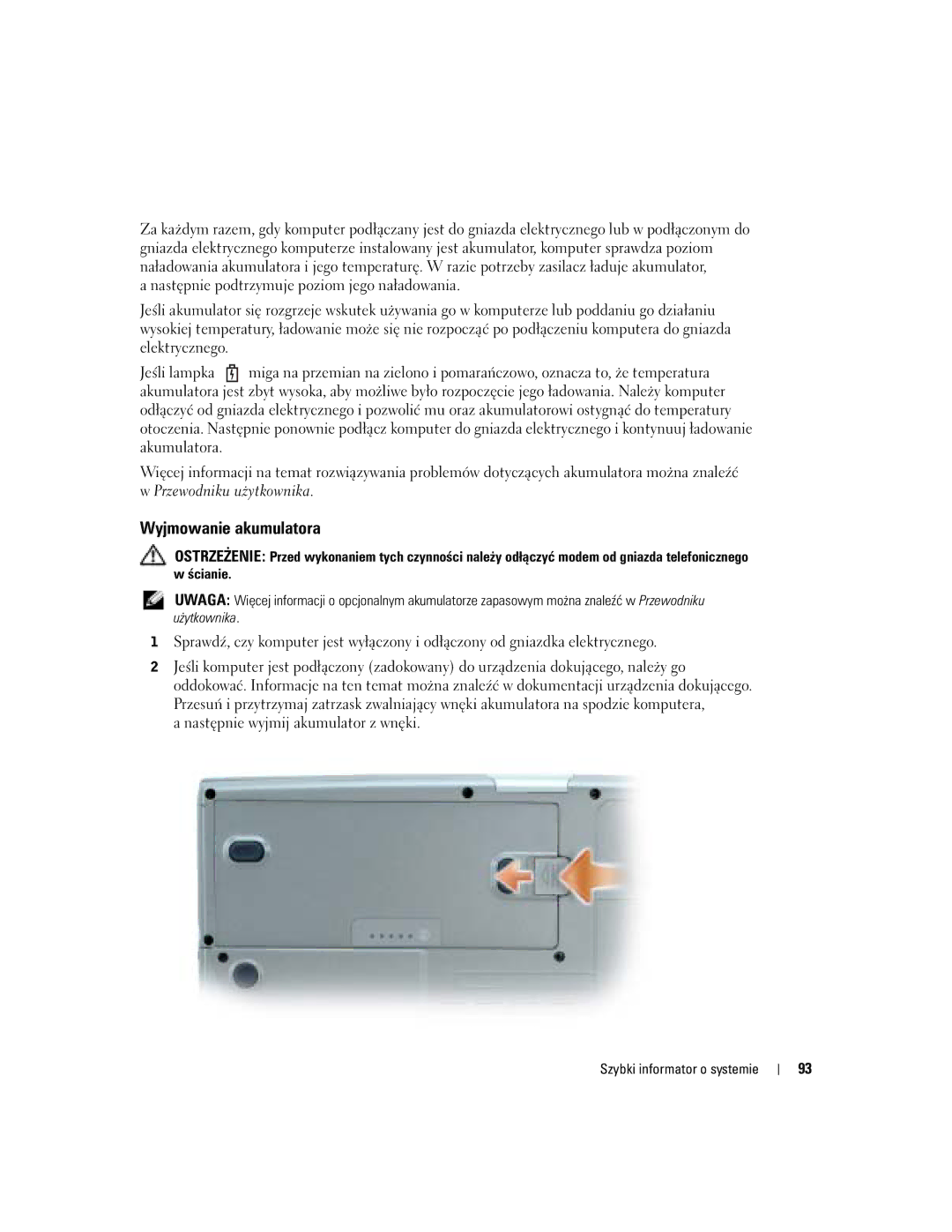 Dell U4803 manual Wyjmowanie akumulatora 