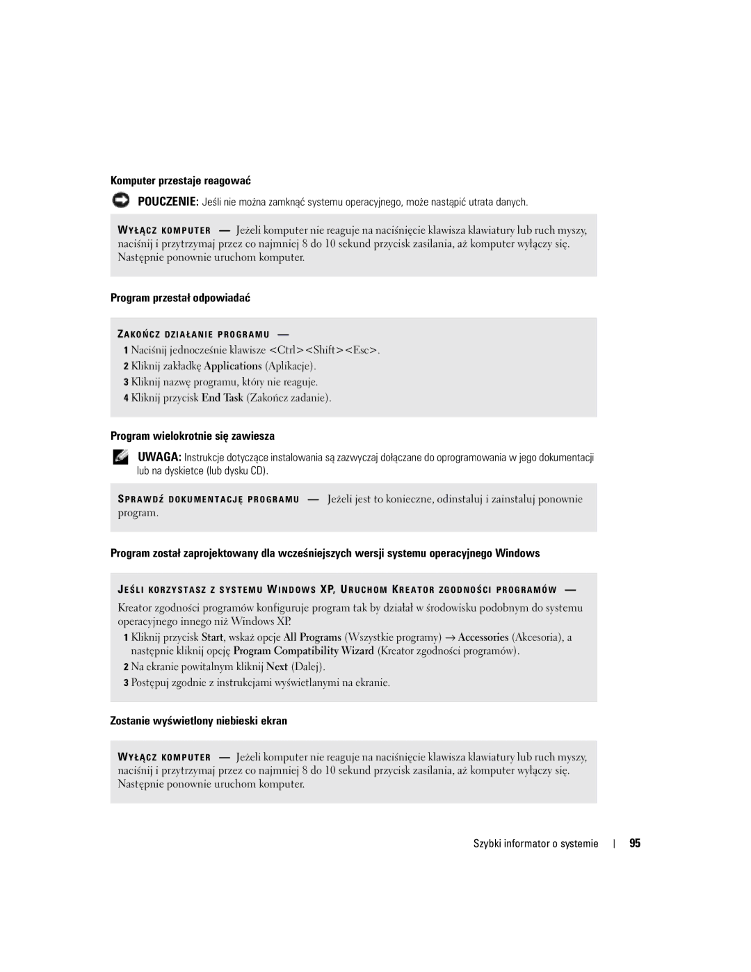 Dell U4803 manual Komputer przestaje reagować 