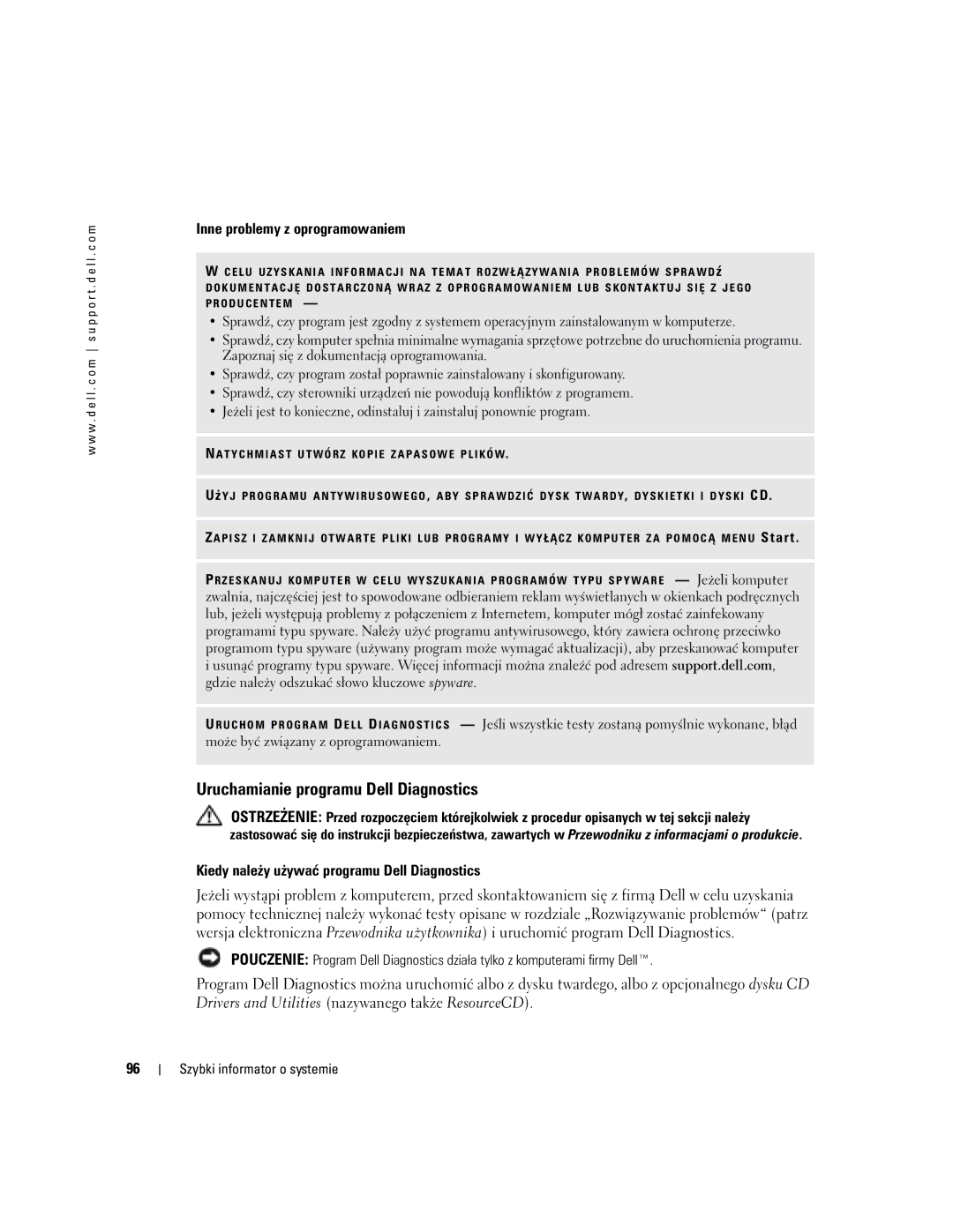 Dell U4803 manual Uruchamianie programu Dell Diagnostics 