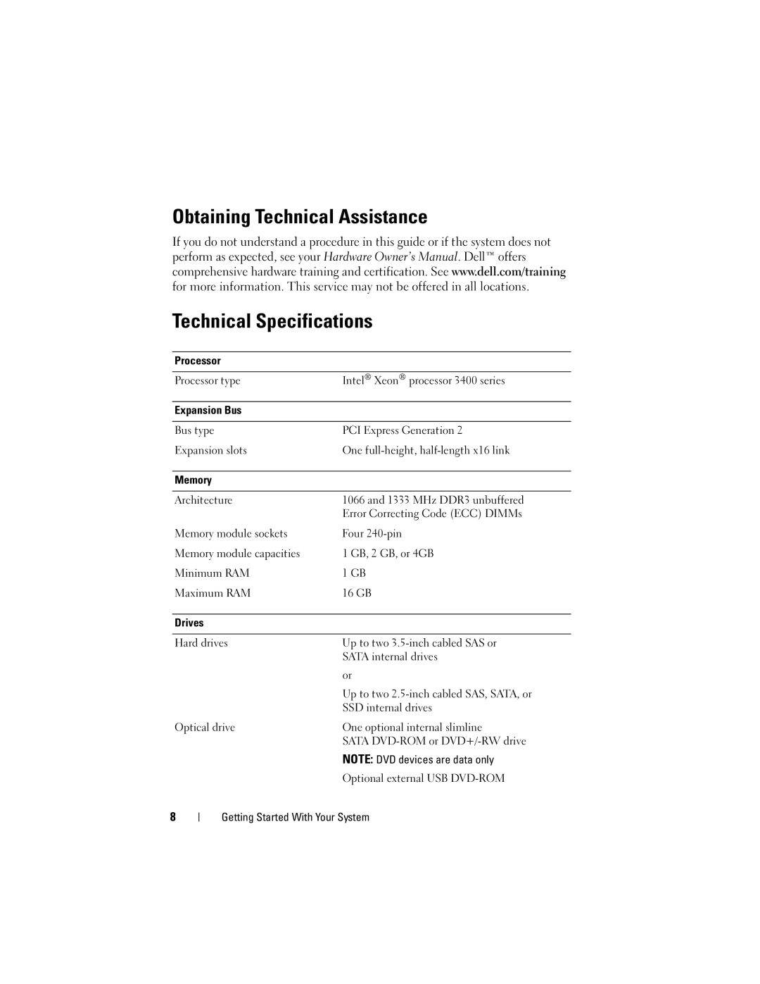 Dell U499M, E10S001 manual Obtaining Technical Assistance Technical Specifications 