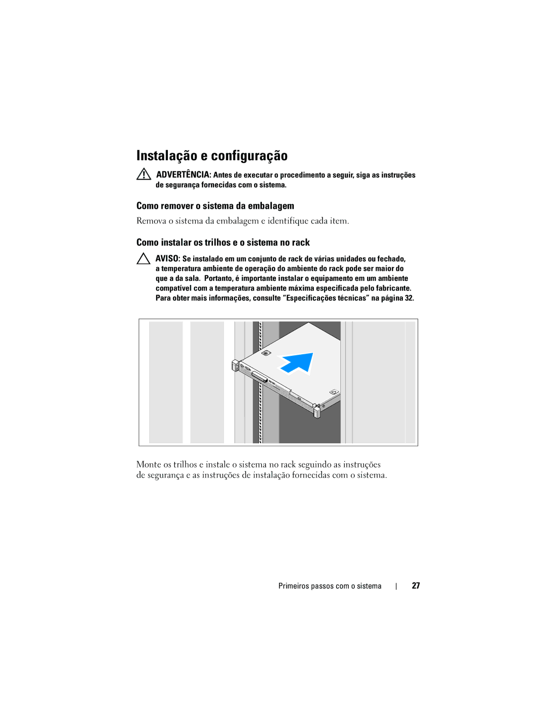 Dell E10S001 Instalação e configuração, Como remover o sistema da embalagem, Como instalar os trilhos e o sistema no rack 