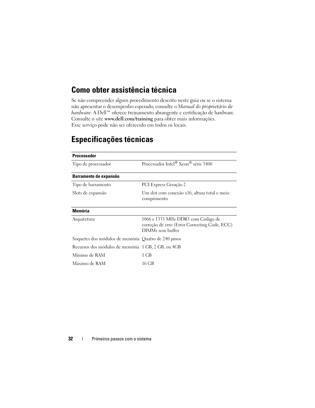 Dell U499M, E10S001 manual Como obter assistência técnica, Especificações técnicas 