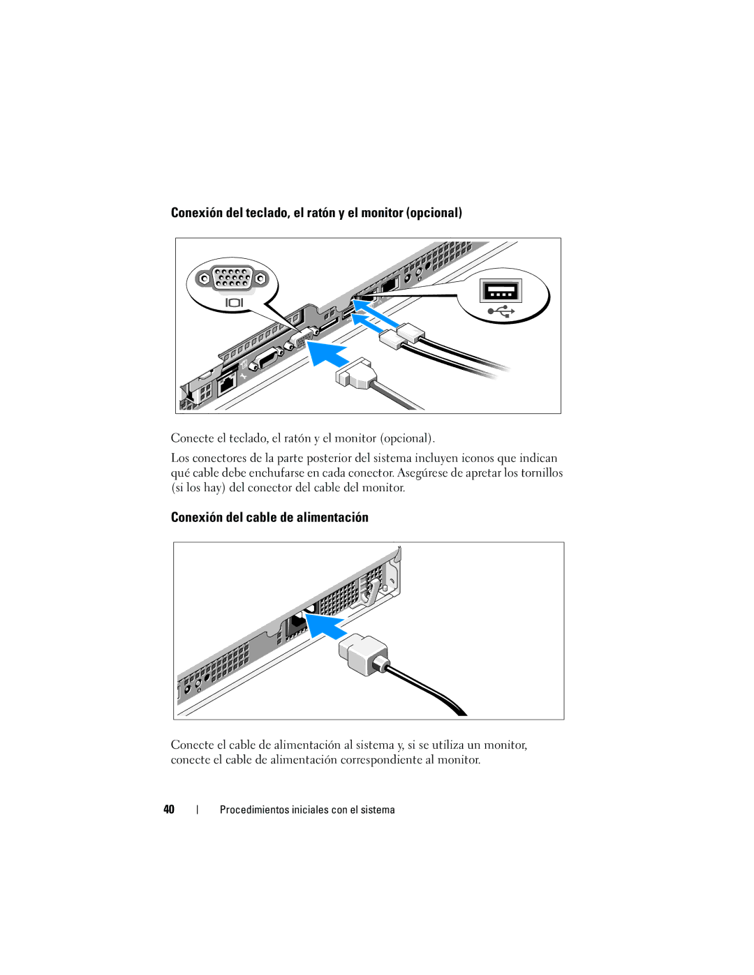 Dell U499M, E10S001 manual Conexión del teclado, el ratón y el monitor opcional, Conexión del cable de alimentación 