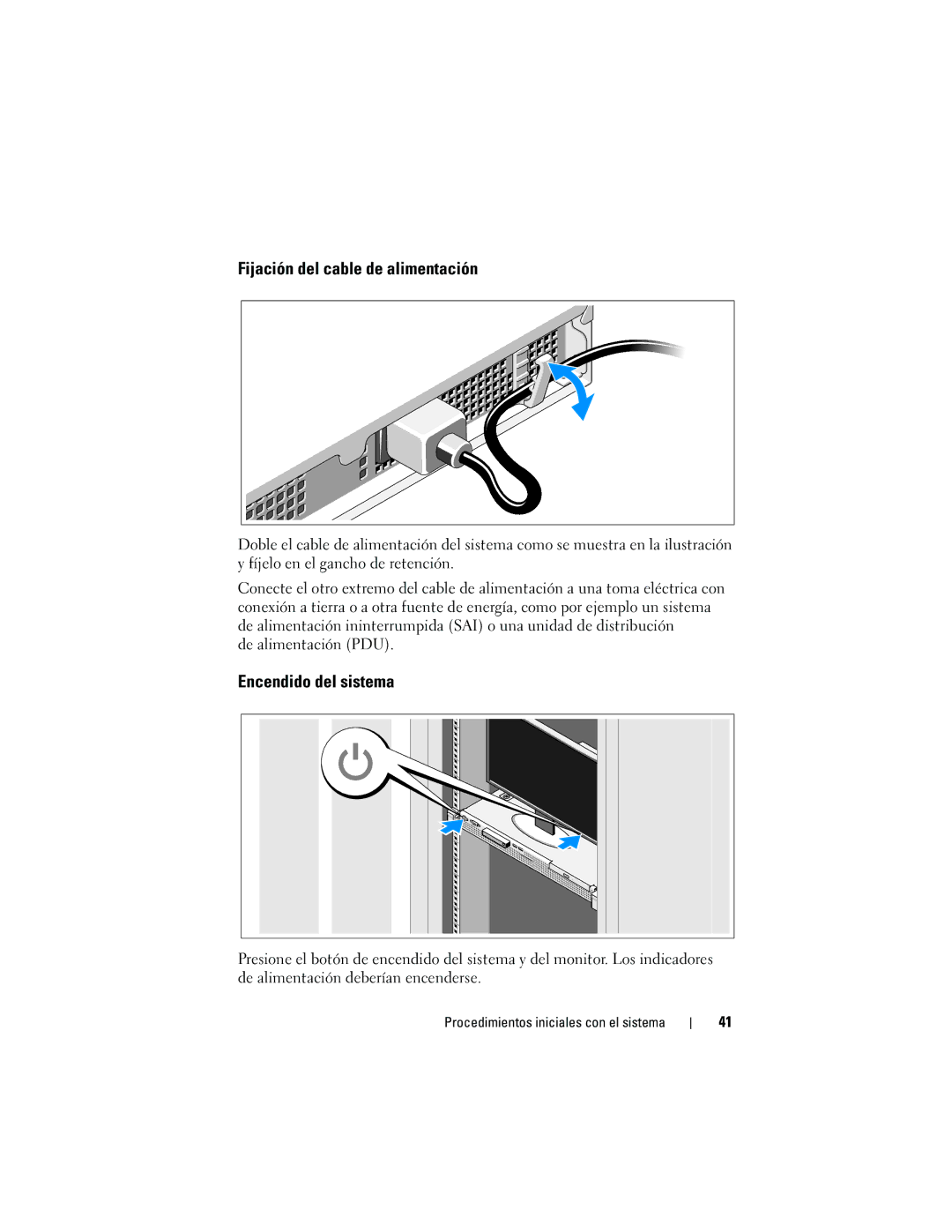 Dell U499M, E10S001 manual Fijación del cable de alimentación, Encendido del sistema 