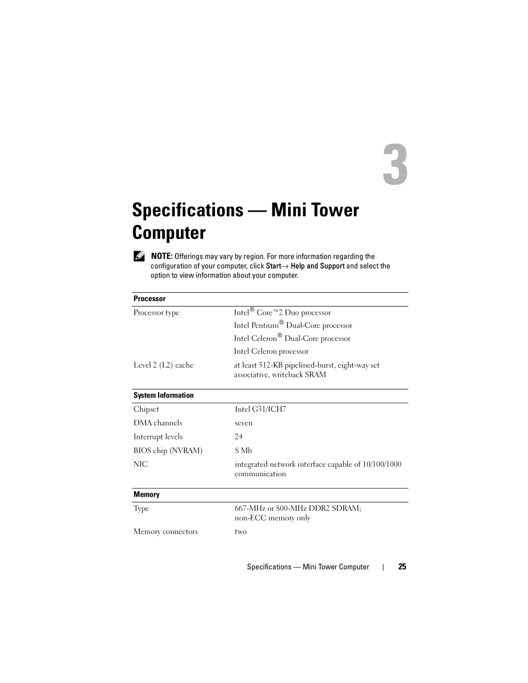 Dell U719F specifications Specifications Mini Tower Computer, Nic 