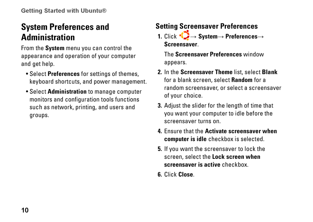 Dell ubuntu quick start System Preferences Administration, Setting Screensaver Preferences 