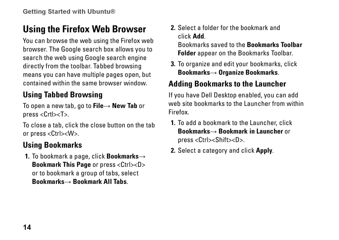 Dell ubuntu Using the Firefox Web Browser, Using Tabbed Browsing, Adding Bookmarks to the Launcher, Using Bookmarks 