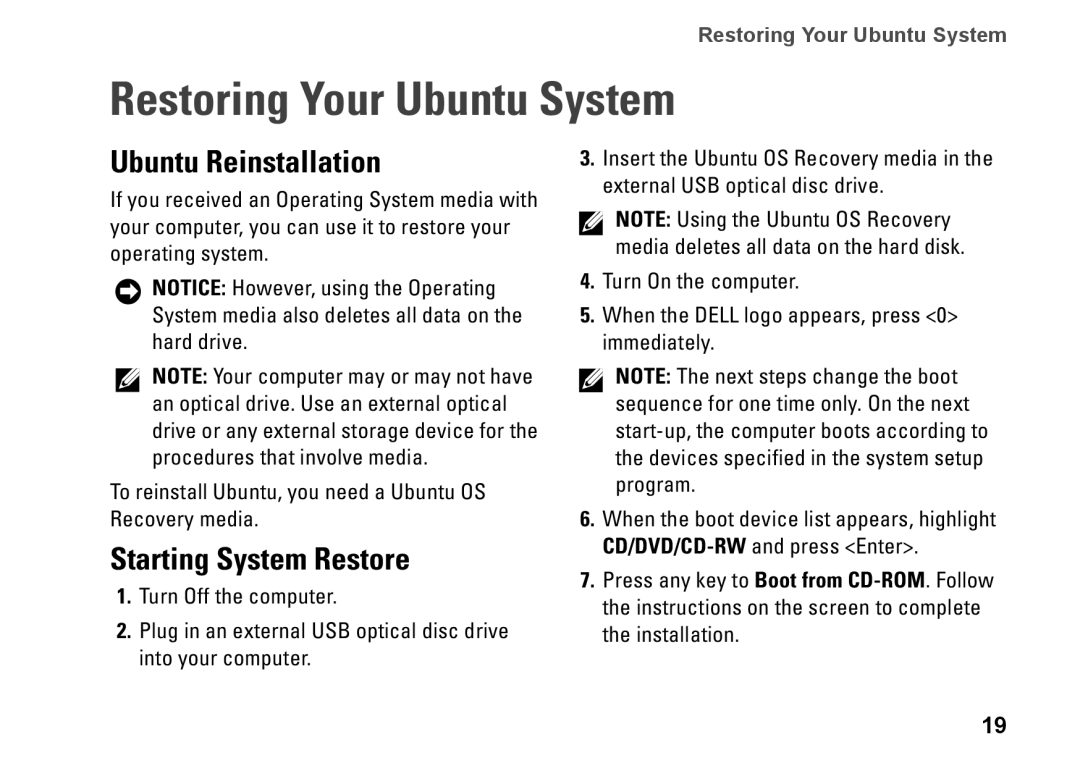 Dell ubuntu quick start Restoring Your Ubuntu System, Ubuntu Reinstallation, Starting System Restore 