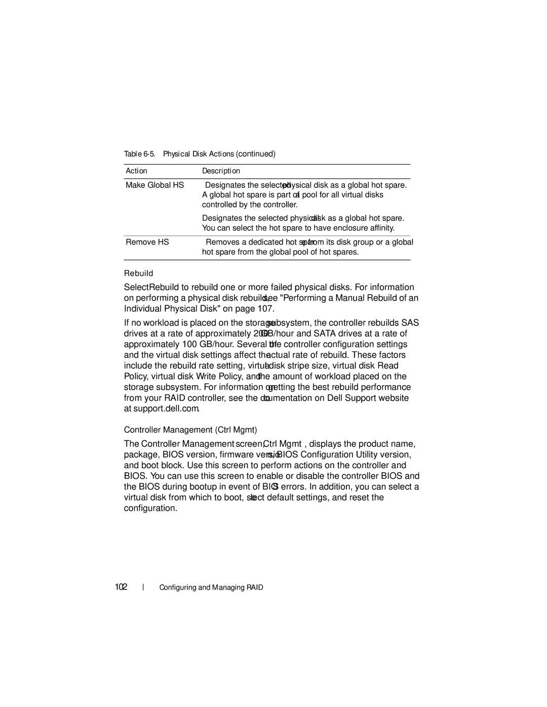 Dell UCP-61 Physical Disk Actions Description Make Global HS, Global hot spare is part of a pool for all virtual disks 