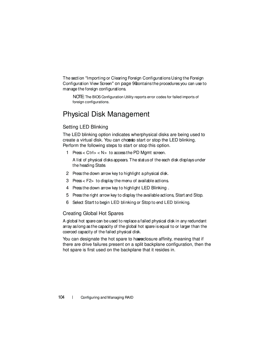 Dell UCP-60, UCP-61, UCC-60 manual Physical Disk Management, Setting LED Blinking, Creating Global Hot Spares 