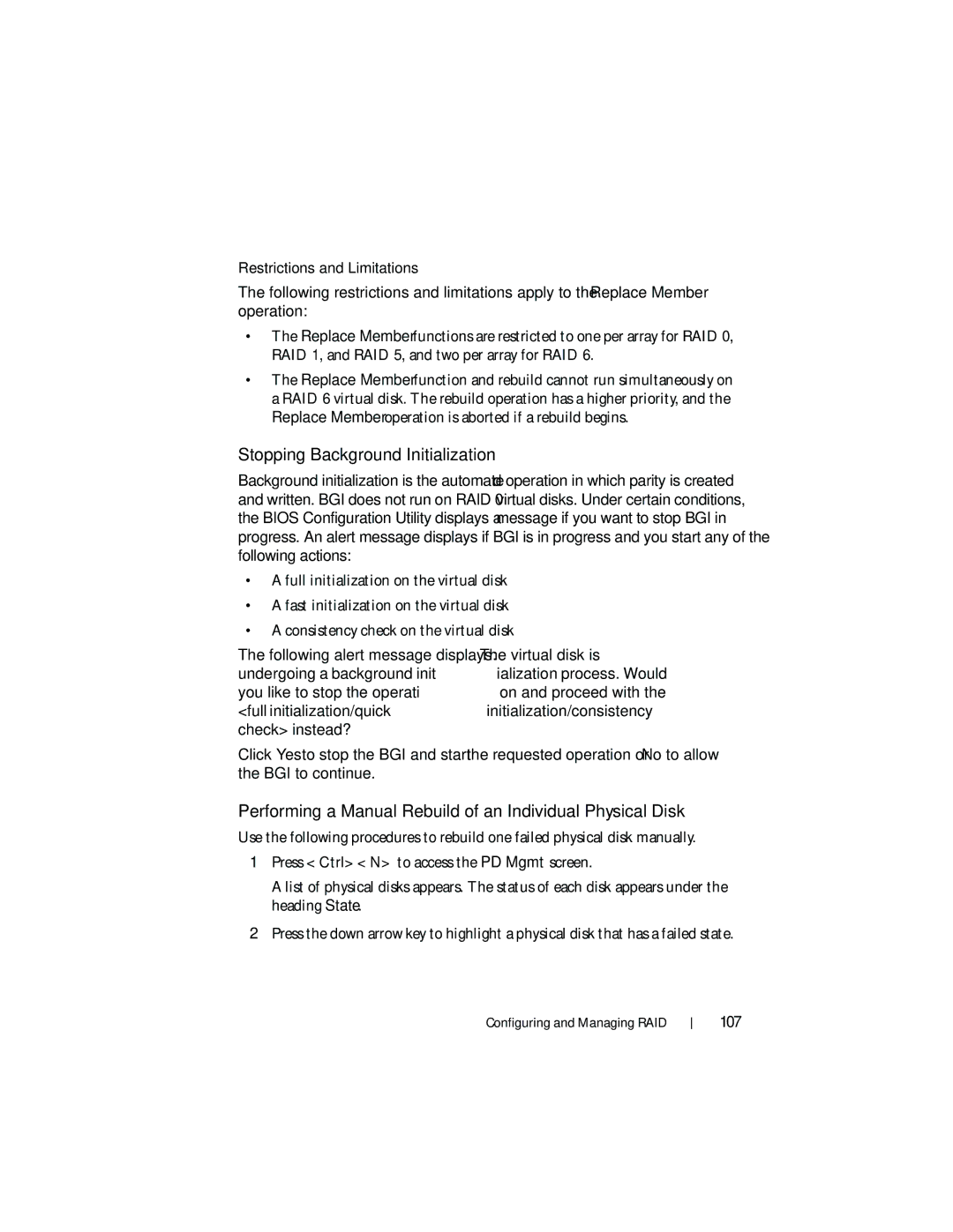 Dell UCP-60, UCP-61 Stopping Background Initialization, Performing a Manual Rebuild of an Individual Physical Disk, 107 